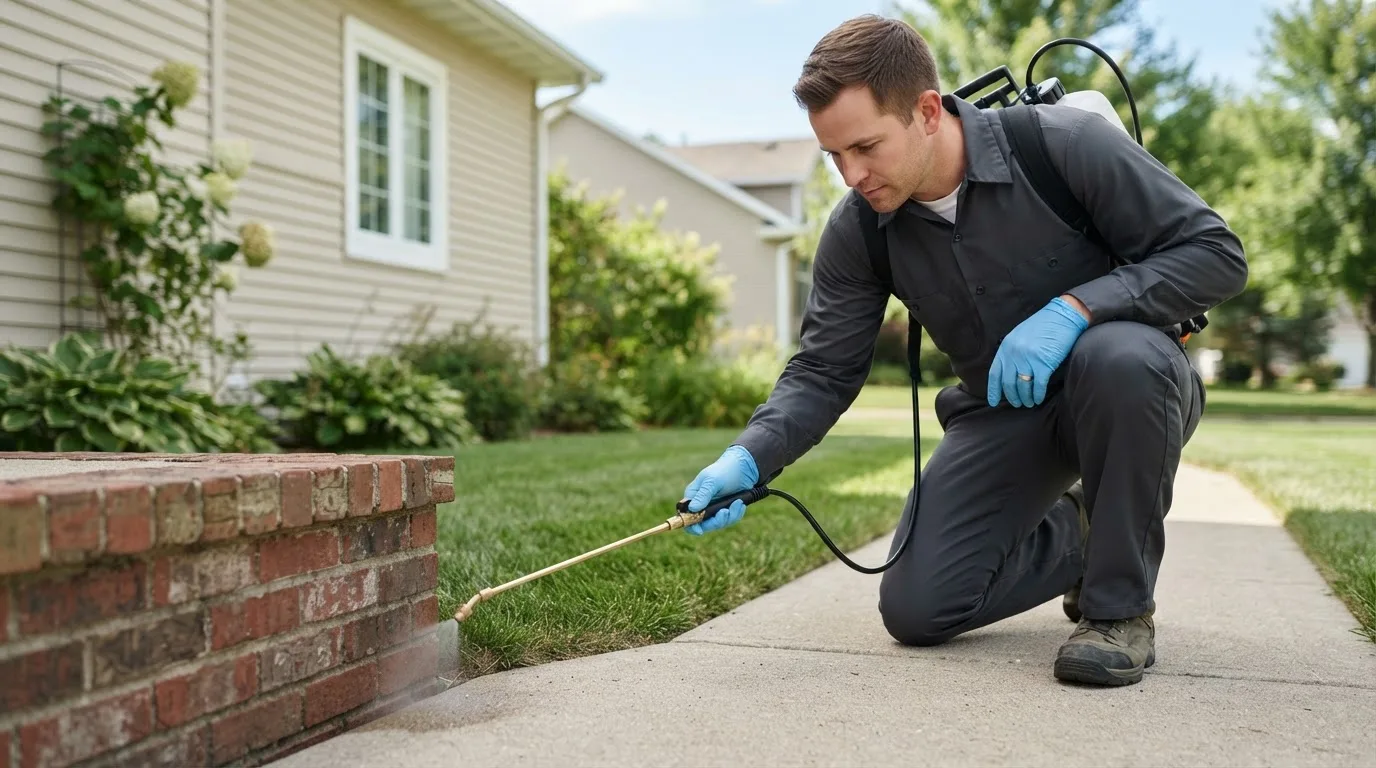Pest control technician treating a home near Dallas, TX